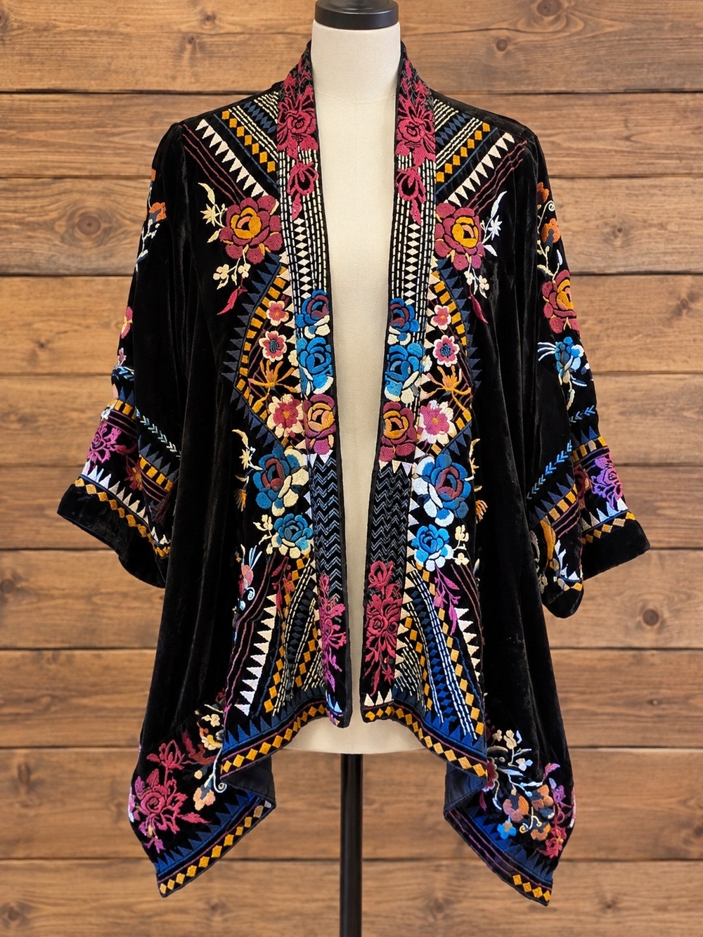 Johnny Was Black Velvet Embroidered Open-Front Kimono Cardigan